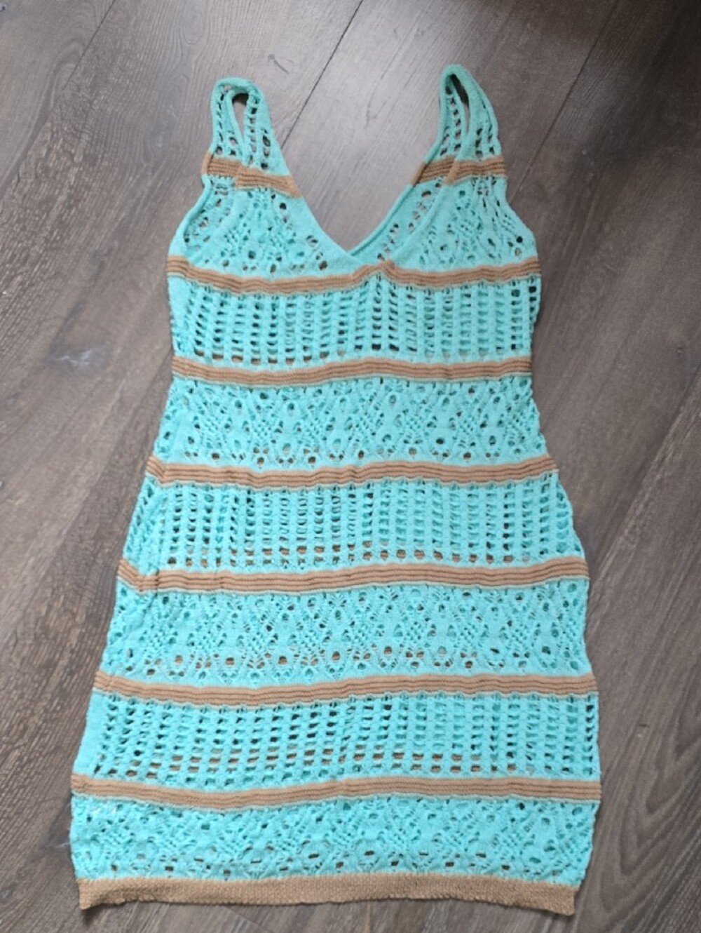SHEIN Aqua Crochet Beach Cover-Up with Tan Stripes